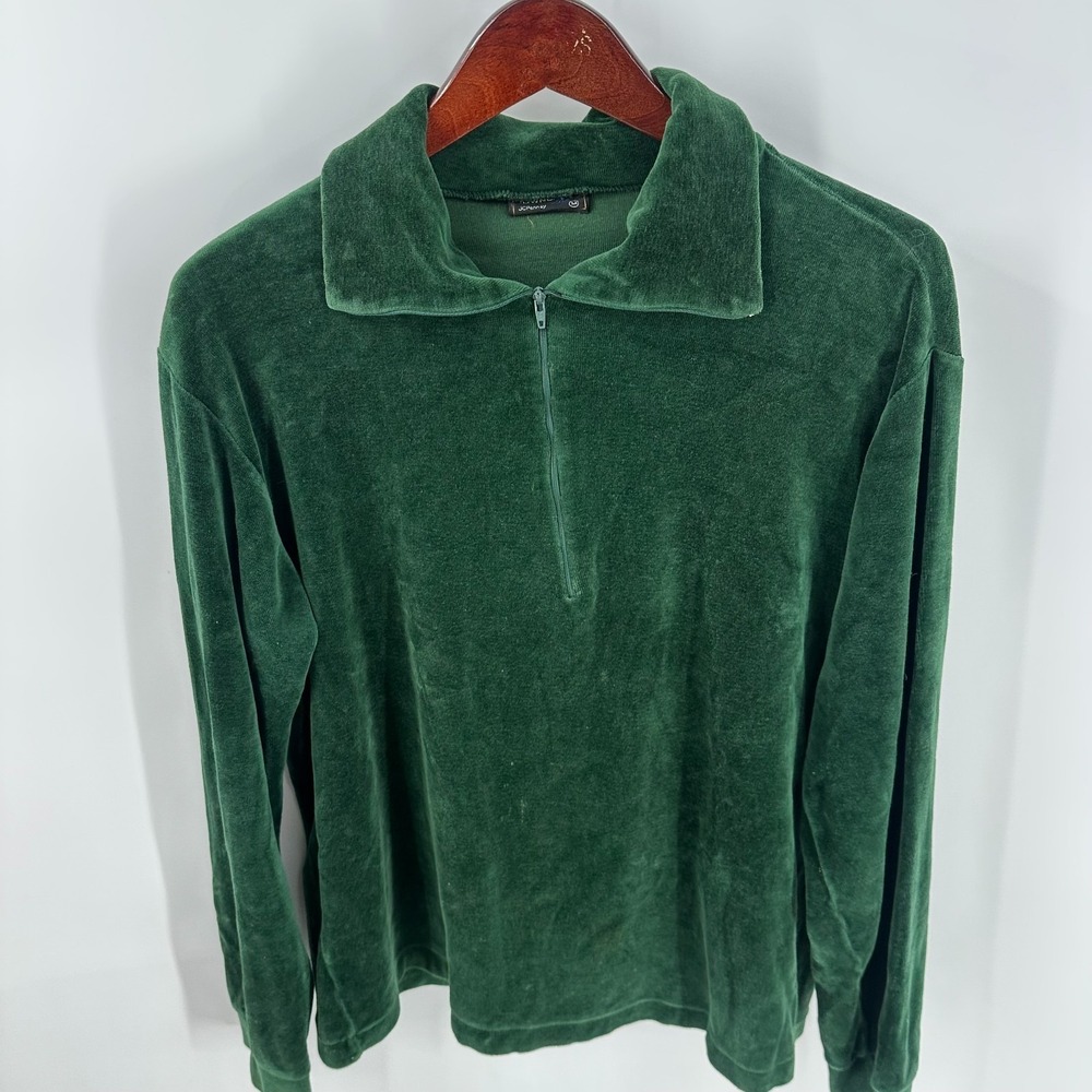 Vintage Y2K Towncraft JC‎ Penny Quarter Zip Velour Pullover Sweatshirt Green M - Picture 3 of 8